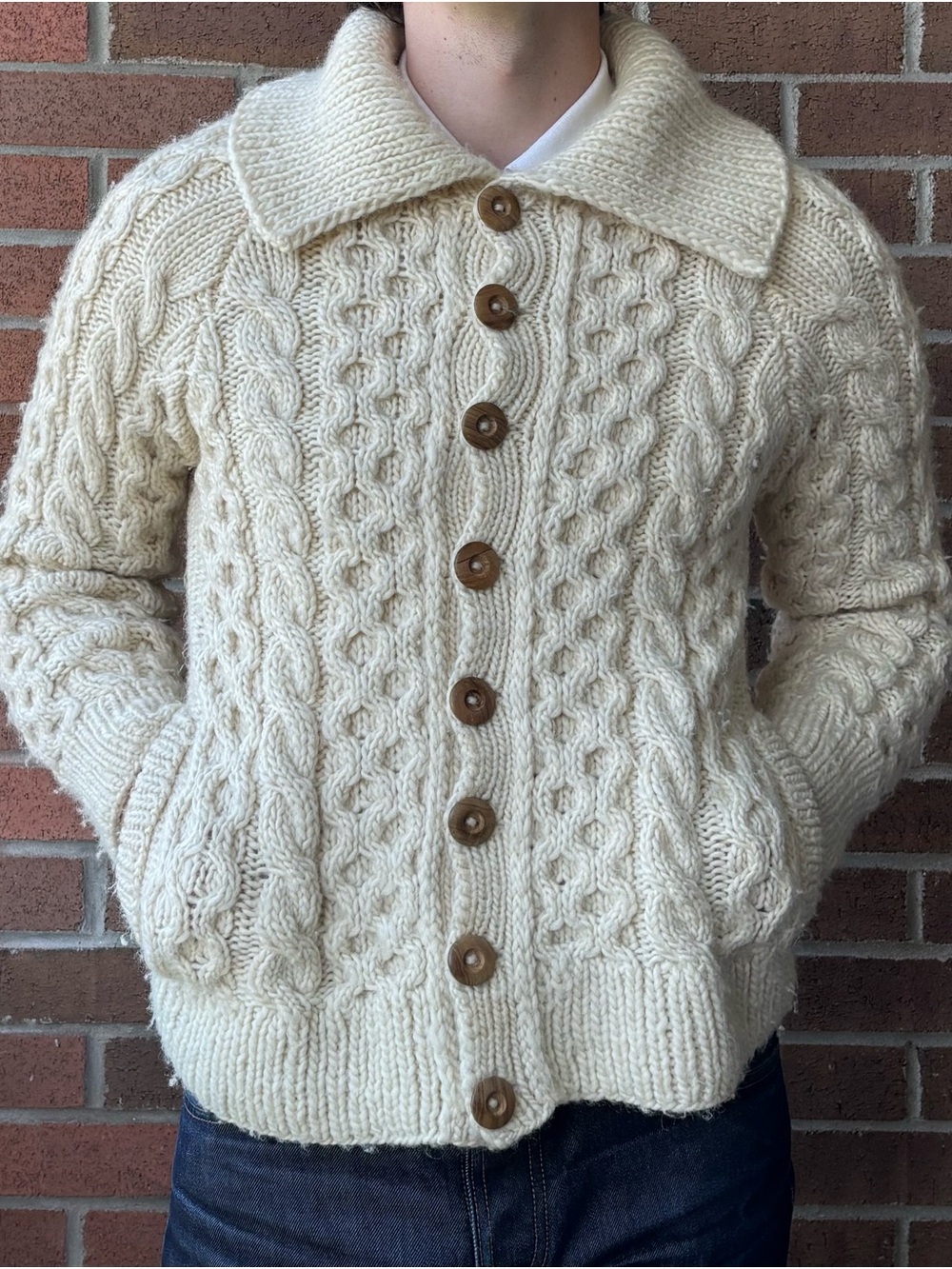 Vintage Cream Cable Knit Cardigan with Wooden Buttons - Picture 2 of 6
